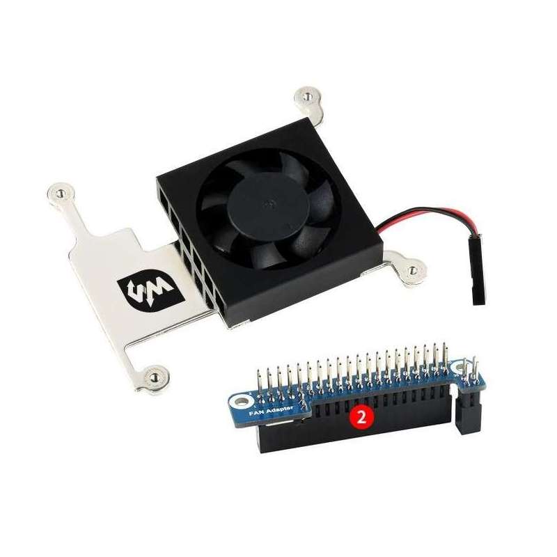 Low-Profile CPU Cooling Fan for Raspberry Pi 4B/3B+/3B, Aluminum Alloy Bracket (WS-19254) incl.GPIO Adapter