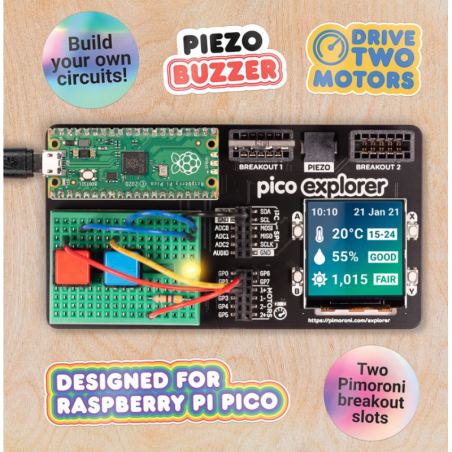 Pico Explorer Base (PIM550) LCD, motor drivers, breadboard for Raspberry Pi Pico