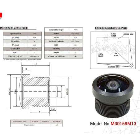 Arducam 1/3" M12 Mount 1.58mm Focal Length Fisheye Lens M30158M13 (AC-LN019)