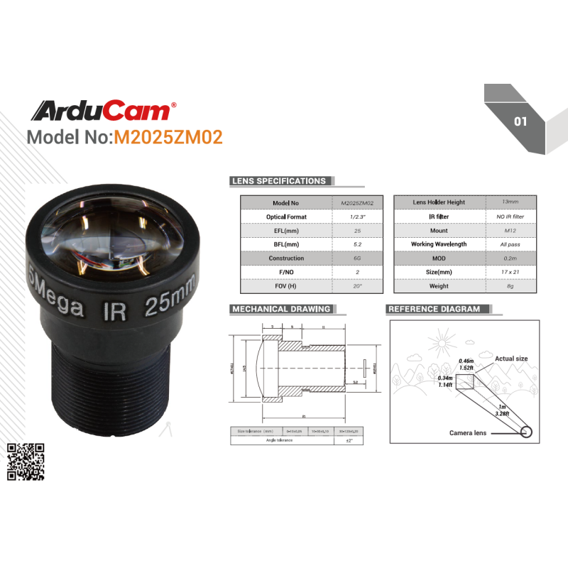 Arducam Telephoto 20 Degree 1/2.3" M12 Lens with Lens Adapter for