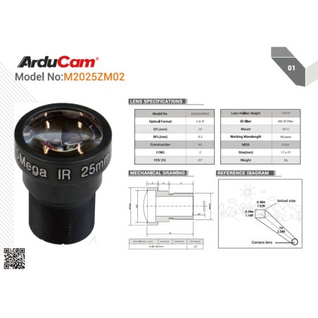 Arducam Telephoto 20 Degree 1/2.3" M12 Lens with Lens Adapter for Raspberry Pi High Quality Camera (AC-LN036)