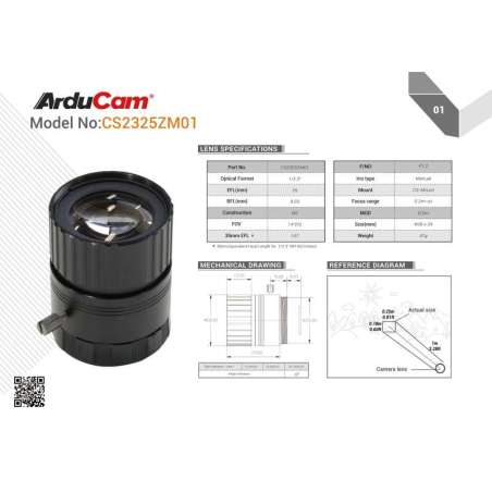 Arducam CS-Mount Lens 25mm Focal Length with Manual Focus for Raspberry Pi High Quality Camera (AC-LN041)
