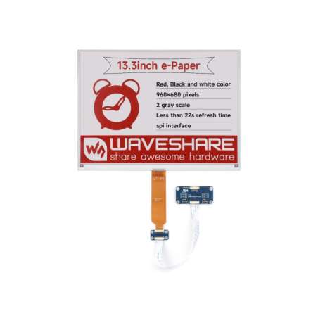 13.3inch e-Paper Display (B), E-Ink Display, 960×680 pixels, Red/Black/White, SPI, e-Paper Driver HAT (WS-27236)
