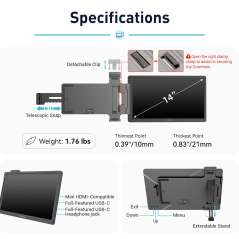 CrowView- Ultimate 14'' Portable Ultralight Dual Monitor support 13-16.5'' laptops with FCC/CE (ER-CRV00113L)