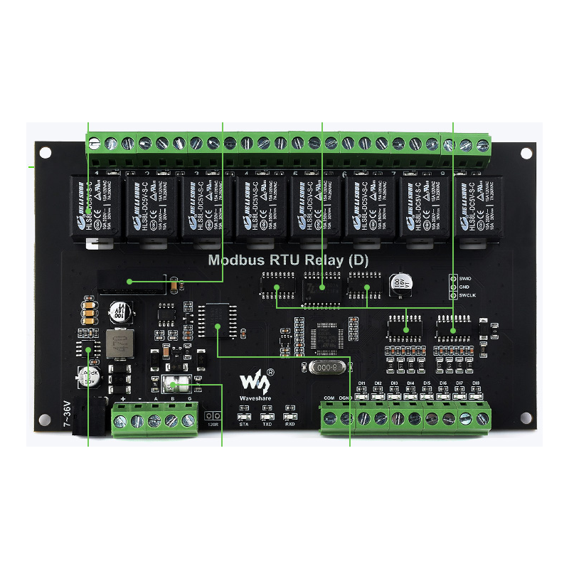 ONLY BOARD for WS-26517 Industrial Modbus RTU 8-ch Relay Module (D) With Digital Input RS485,7~36V  (WS-25889)