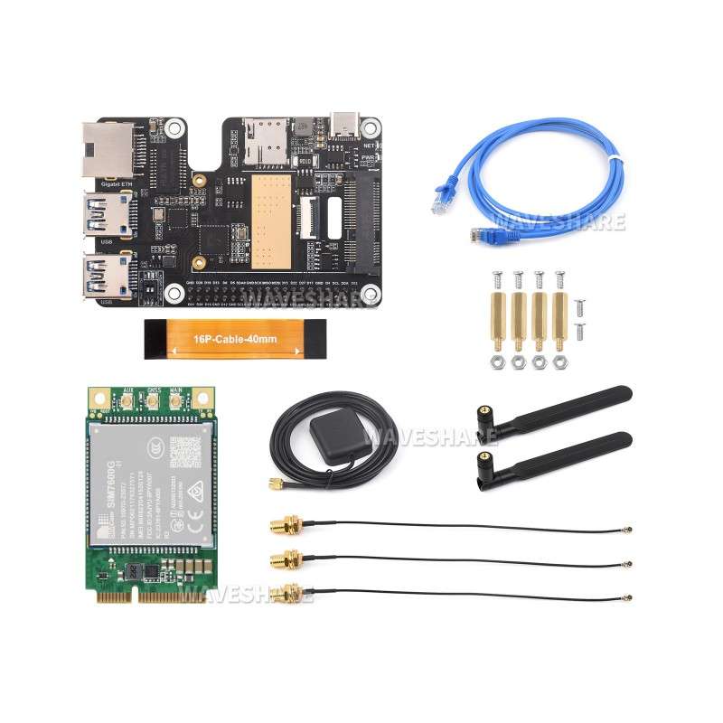 PCIe to MiniPCIe / Gigabit Ethernet / USB 3.2 Gen1 HAT for Raspberry Pi 5, MiniPCIe 4G Module, High-speed (WS-28143)