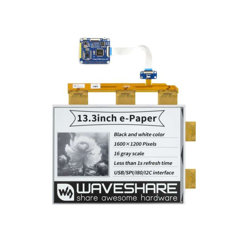 13.3inch e-Paper e-Ink Display HAT For Raspberry Pi, 1600×1200, Black / White, 16 Grey Scales, USB / SPI / I80 (WS-15853)