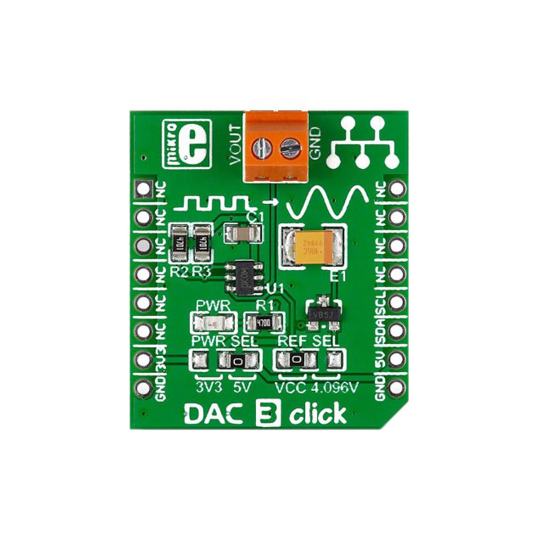 MIKROE-2038  DAC 3 Click MCP4726 Digital to Analog Converter (DAC) Data Acquisition mikroBUS Click Expansion Board