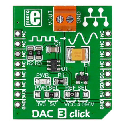 MIKROE-2038  DAC 3 Click MCP4726 Digital to Analog Converter (DAC) Data Acquisition mikroBUS Click Expansion Board