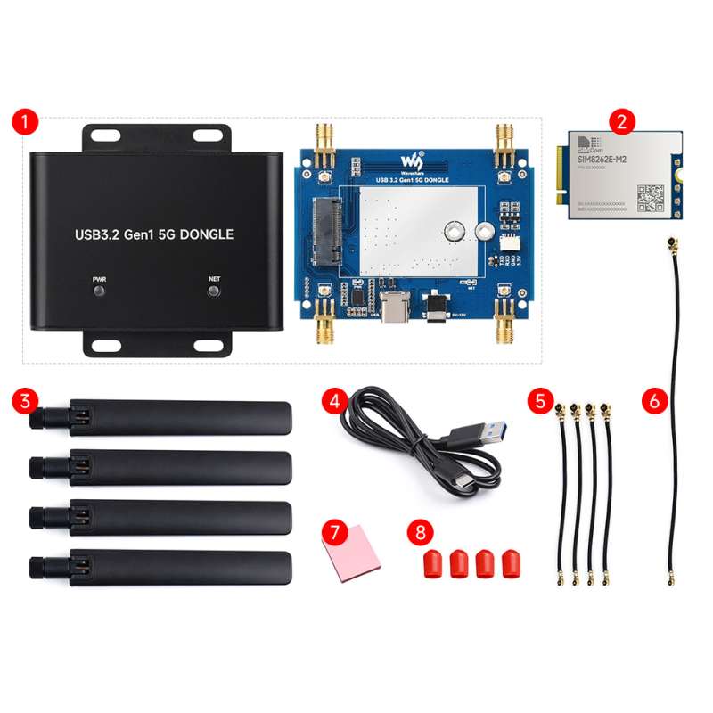 5G SIM8262E-M2DONGLE Expansion Board, USB 3.2 Port, Case, Quad Antennas,M.2 Key B (WS-30234)