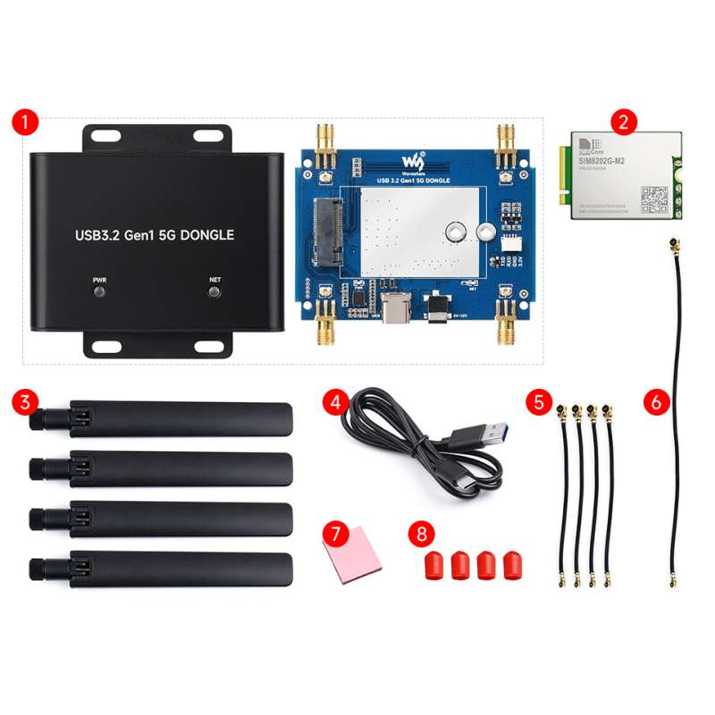 5G SIM8202G-M2  DONGLE Expansion Board, USB 3.2 Port, Case, Quad Antennas,  M.2 Key B (WS-30236)