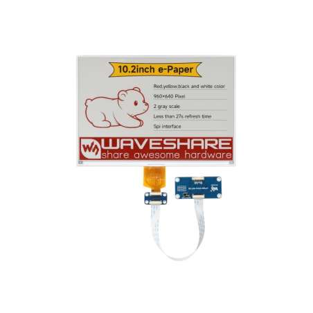 10.2inch e-Paper display (G), E-ink display, 960x640, Red/Yellow/Black/White, SPI (WS-31124) with driver HAT