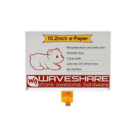 10.2inch e-Paper display (G), E-ink display, 960x640, Red/Yellow/Black/White, SPI (WS-30914) raw display only