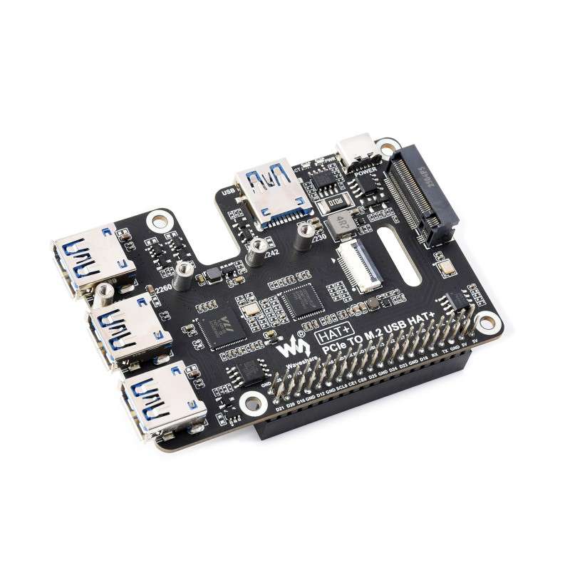 PCIe To USB 3.2 Gen1 And M.2 HAT For Raspberry Pi 5, NVMe 4-Ch USB 3.2 Ports (WS-31436) PCIe To USB 3.2 Gen1 And M.2 HAT For Raspberry Pi 5, NVMe 4-Ch USB 3.2 Ports (WS-31436)
