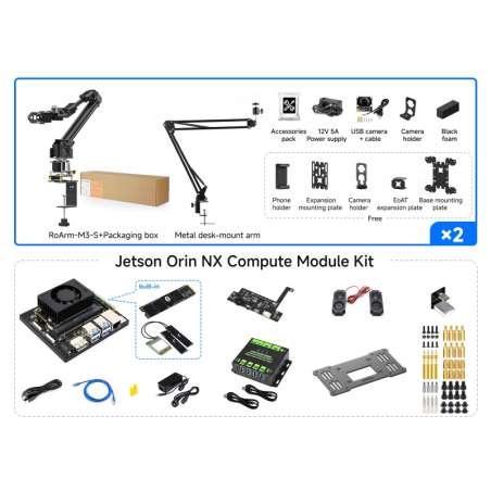 5 + 1 DOF High-Torque Dual Robotic Arm AI Kit, Jetson Orin NX 8GB, RoArm-M3-S, ESP32 (WS-31721)