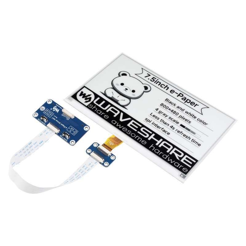 800×480, 7.5inch E-Ink display HAT for Raspberry Pi (WS-13504)  SPI interface