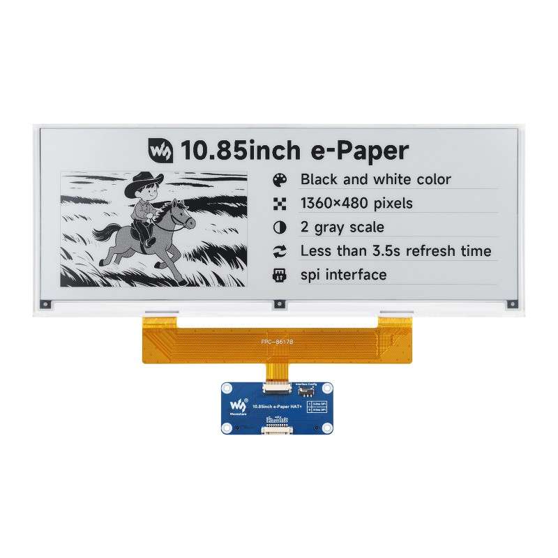 10.85inch e-Paper display, e-ink display, 1360 × 480, Black / White, SPI Interface (WS-29790)