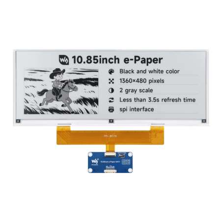 10.85inch e-Paper display, e-ink display, 1360 × 480, Black / White, SPI Interface (WS-29790)