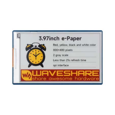 3.97inch E-Paper Display (G), E-Ink Display, 800×480, Red/Yellow/Black/White, SPI, Raspberry Pi 40PIN GPIO (WS-31062)