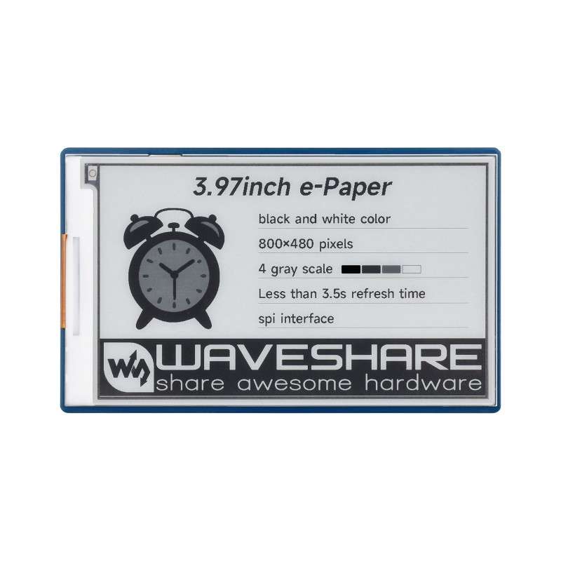 3.97inch E-Paper Display, E-Ink Display, 800×480, Black/White, 4 Grey,SPI, Raspberry Pi GPIO (WS-31063) 3.97inch E-Paper Display, E-Ink Display, 800×480, Black/White, 4 Grey,SPI, Raspberry Pi GPIO (WS-31063)