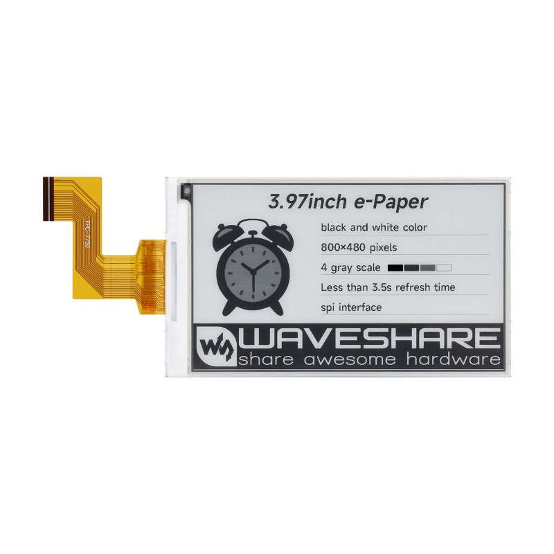 3.97inch E-Paper Display, E-Ink 800x480, Black/White, 4 Grey Scales, SPI,Raspberry Pi GPIO (WS-31738) 3.97inch E-Paper Display, E-Ink 800x480, Black/White, 4 Grey Scales, SPI,Raspberry Pi GPIO (WS-31738)