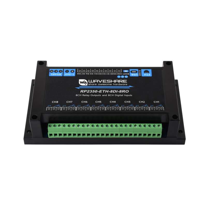 Industrial 8-Channel RP2350 Relay Module,RP2350 Digital Input, RS485,Ethernet Isolation  (WS-32452)