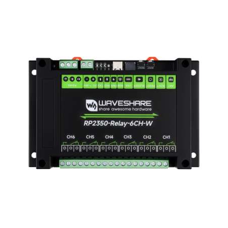 Industrial 6-Channel RP2350 Relay Module, RS485 / Pico HAT interfaces, Isolation, Industrial, Wireless (WS-32576)