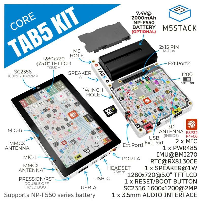 M5Stack Tab5 IoT Development Kit ESP32-P4+ESP32-C6 ,5‑inch IPS TFT 1280 ...