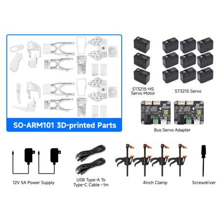 SO-ARM101 Open-Source 6-Axis Robotic Arm, Hugging Face LeRobot, High-Torque Bus Servo (WS-33387) 3DP Parts Kit