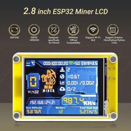 2 PACK 2.8inch ESP32 Solo Miner LCD Display Cryptocurrency Solo Miner with 1000KH/s Hashrate (ER-DHM04728D)