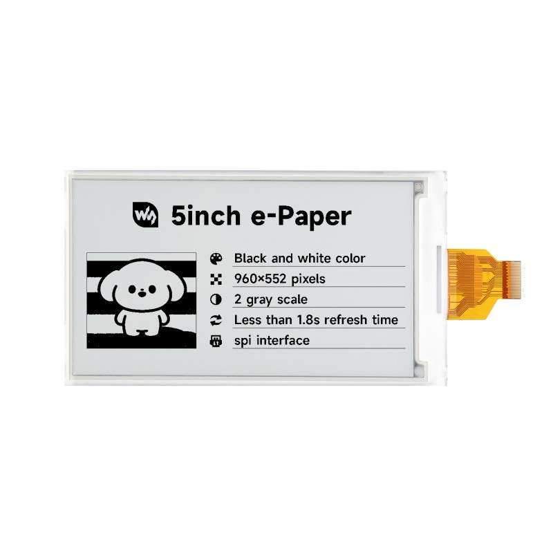 5inch e-Paper display, e-ink display, 960 × 552, Black / White, SPI Interface (WS-34057) raw display only