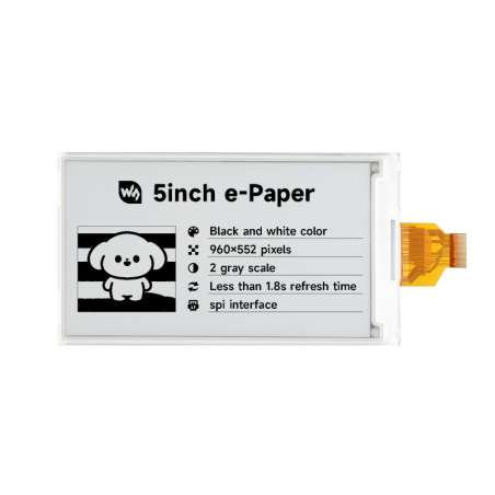 5inch e-Paper display, e-ink display, 960×552, Black / White, SPI Interface (WS-34057) raw display only