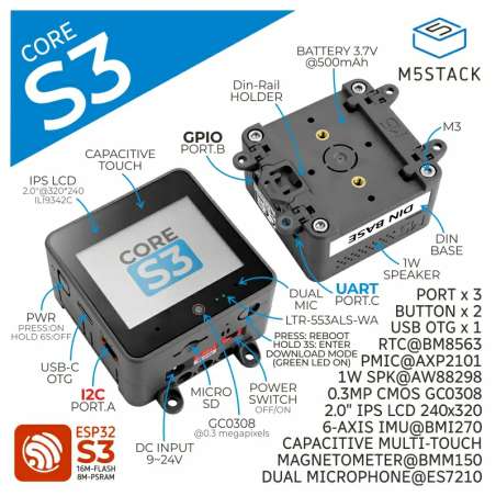 M5Stack CoreS3 ESP32S3 IoT Development Kit (M5-K128)  16MB Flash, 8MB PSRAM