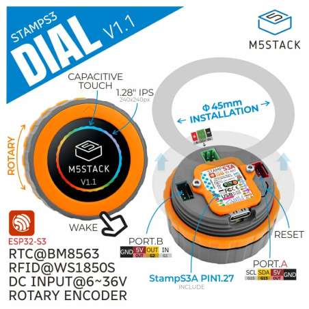 M5Stack Dial v1.1 - ESP32-S3 Smart Rotary Knob with 1.28" Round Touch Screen (M5-K130-V11)