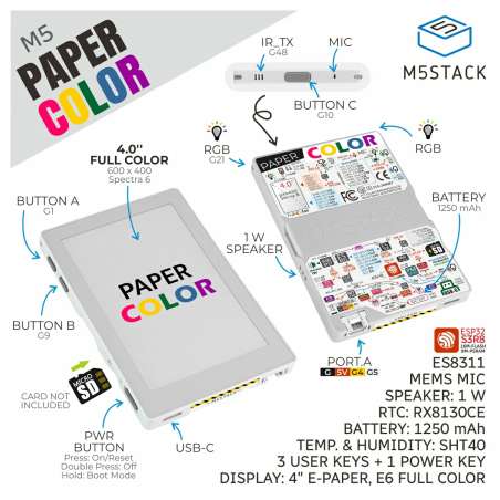 M5Paper Color ESP32S3 Dev Kit 600x400, 4" SPECTRA 6 eInk Display (M5-C151)