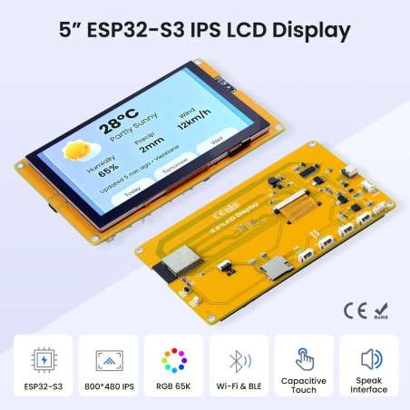 5” ESP32-S3 IPS Display, 800×480 Capacitive Touchscreen, Supports WiFi/Bluetooth, With Speaker Interface (ER-DLE06050B)