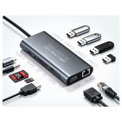 USB-C 11-in-1 Hub, RJ45 100Mbps Ethernet, 4K High Definition HDMI, SD/TF, 100W PD Input, Aluminum  Case, Plug&Play (WS-35204)
