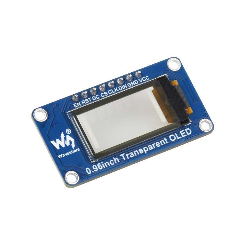 0.96inch Transparent OLED Display Module, 128 × 64 Resolution, SPI/I2C Interface, SSD1312 Driver IC (WS-33163)
